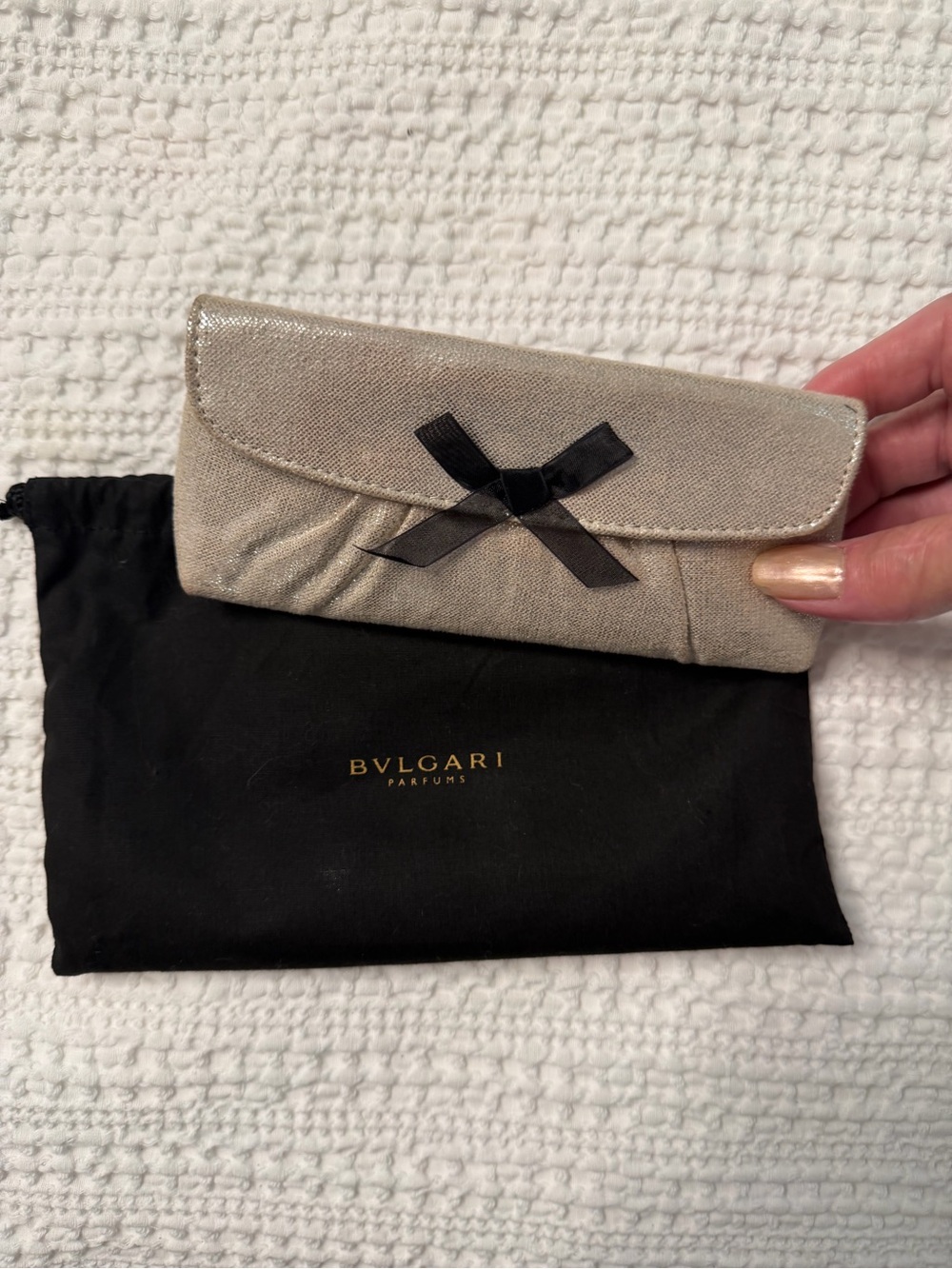 Bulgari Champagne-Beige Parfum Clutch with Black Ribbon Accent
